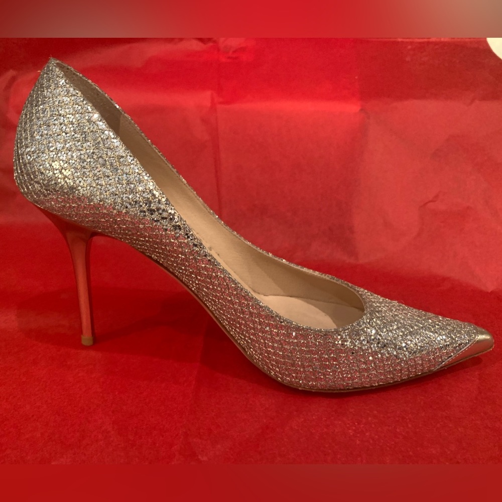 Jimmy Choo “Romy” Champagne Silver Coarse Glitter, Size 37